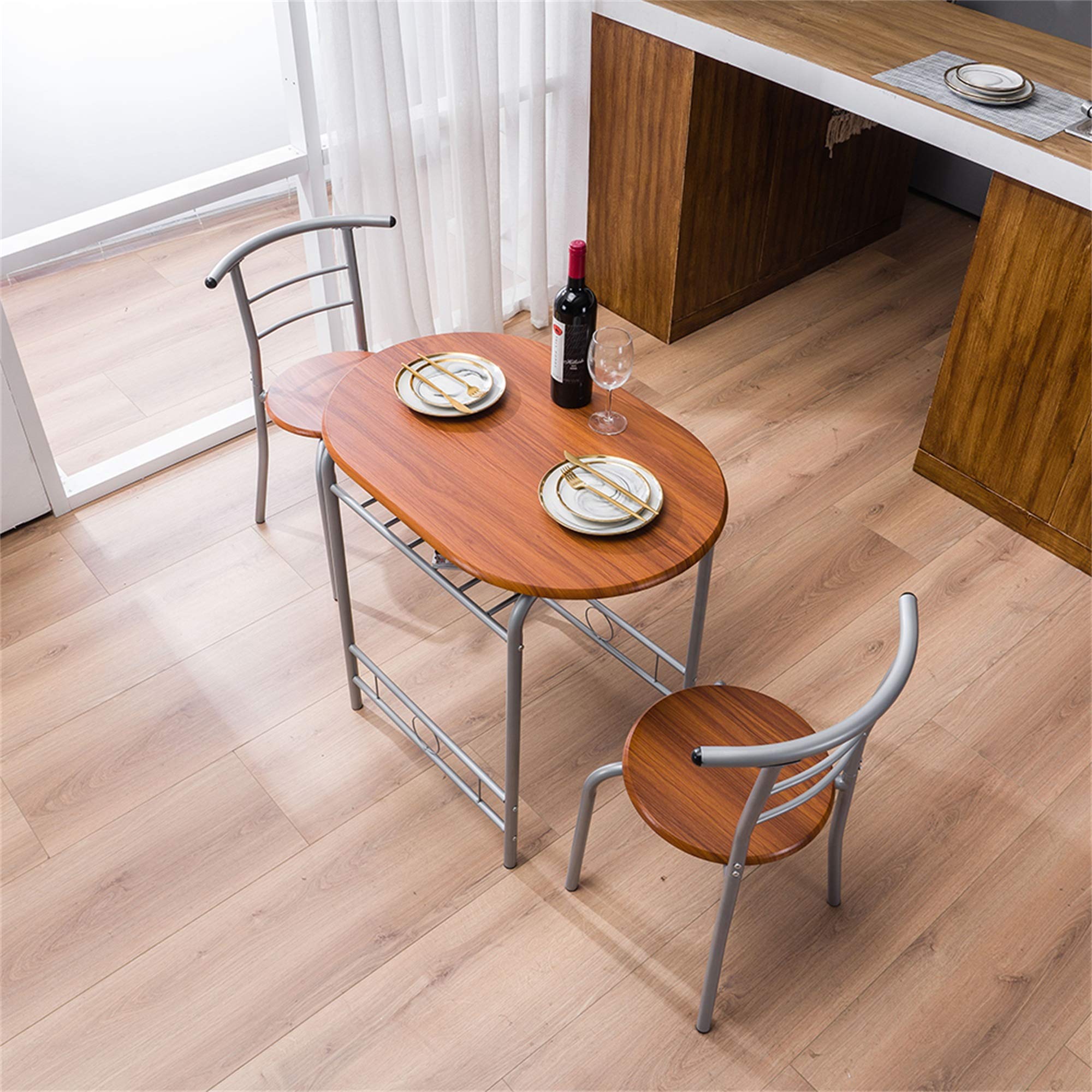 3-Piece Wooden Breakfast Table and Chair Set with Wine Rack - Modern Kitchen Dining Furniture with Metal Legs for Small Spaces, Apartments, Breakfast Nook - Perfect for Morning Coffee, Family Meals & Home Decor in Retro Brown