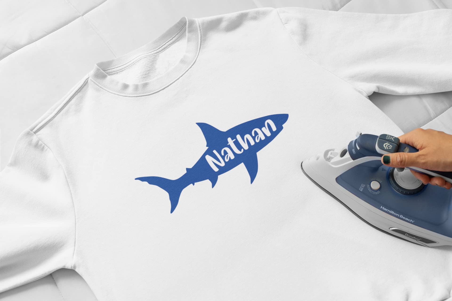 Custom Shark Silhouette Iron-On Transfer - Personalized Great White Name Decal | Ocean Fish Vinyl Patch for Clothing & DIY Projects | Heat Transfer HTV for T-Shirts, Bags, Hats (Yellow) - Perfect for Beach Parties, Marine Lovers & Unique Gifts