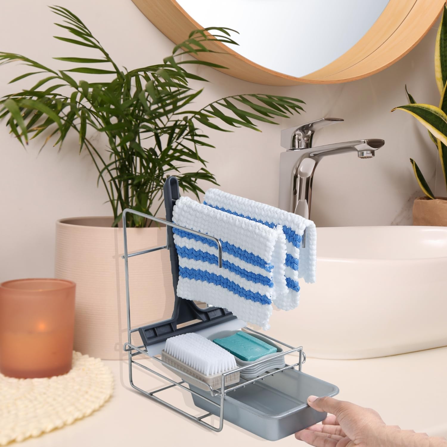 Premium Stainless Steel Sink Organizer with Drip Tray & Adhesive Sticker - Countertop Kitchen Sink Rack for Sponge, Soap & Utensils - Space Saving Bathroom & Kitchen Organizer for Tidy Home (Ideal for Small Apartments & RVs)