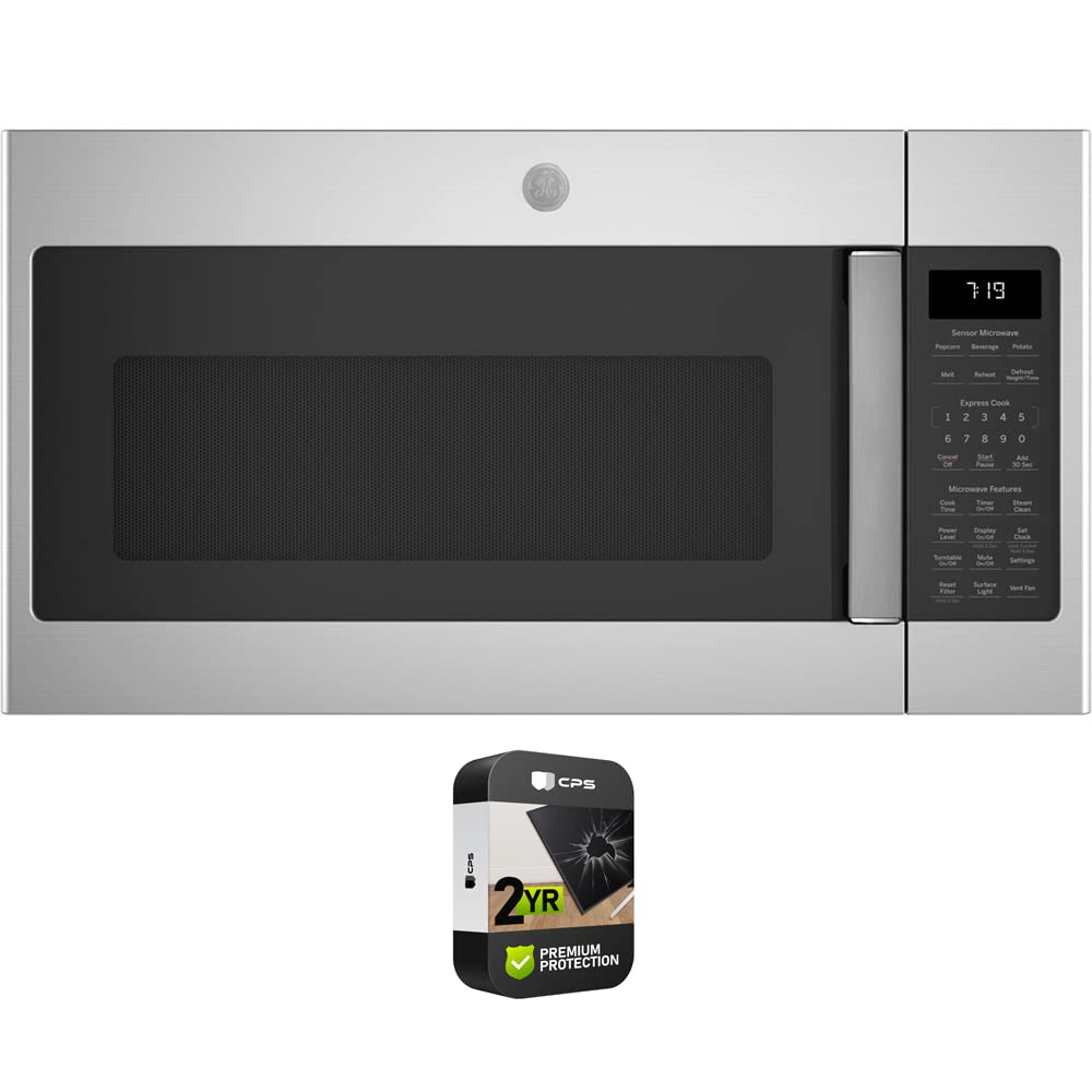 GE JVM7195SKSS 1.9 Cu. Ft. Over-the-Range Sensor Microwave Oven in Stainless Steel with 2-Year CPS Protection Plan - Perfect for Modern Kitchens & Small Spaces