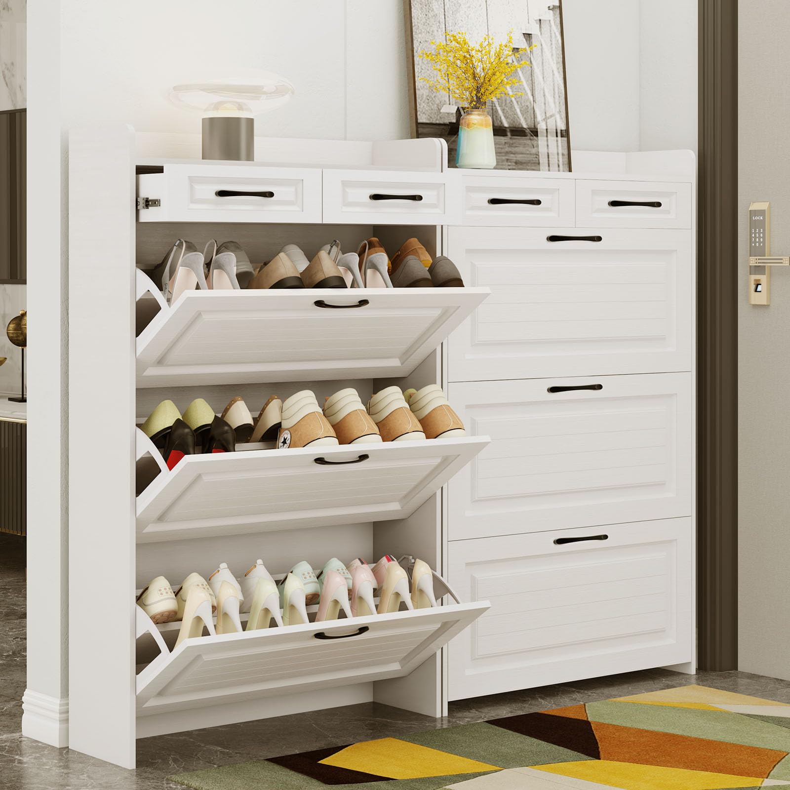 White Shoe Cabinet with 3 Flip Drawers - Freestanding Shoe Organizer with Metal Bracket for Entryway, Narrow Shoe Rack for Hallway & Living Room - Perfect for Small Spaces & Apartment Organization