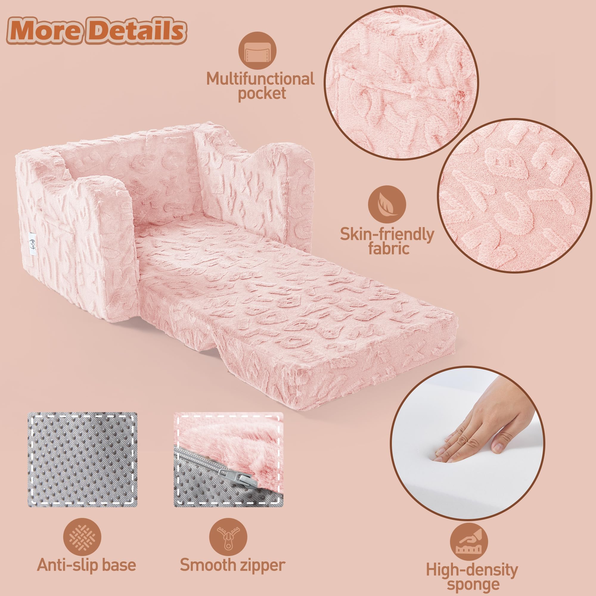 2-in-1 Convertible Kids Couch Chair to Lounger Bed - Soft Toddler Sofa for Boys & Girls - Perfect for Reading, Napping, Playtime & Room Decor (Pink) - Ideal for Nursery, Playroom & Bedroom
