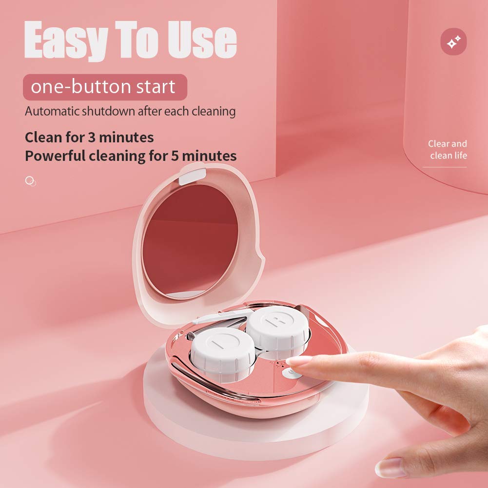 OFONE Rechargeable Contact Lens Cleaner Case - Fast Vibration Cleaning with Mirror & Remover Applicator | Portable Lens Cleaning Machine for Travel, Home & Daily Use | Pink (Ideal for Soft & Hard Lenses)