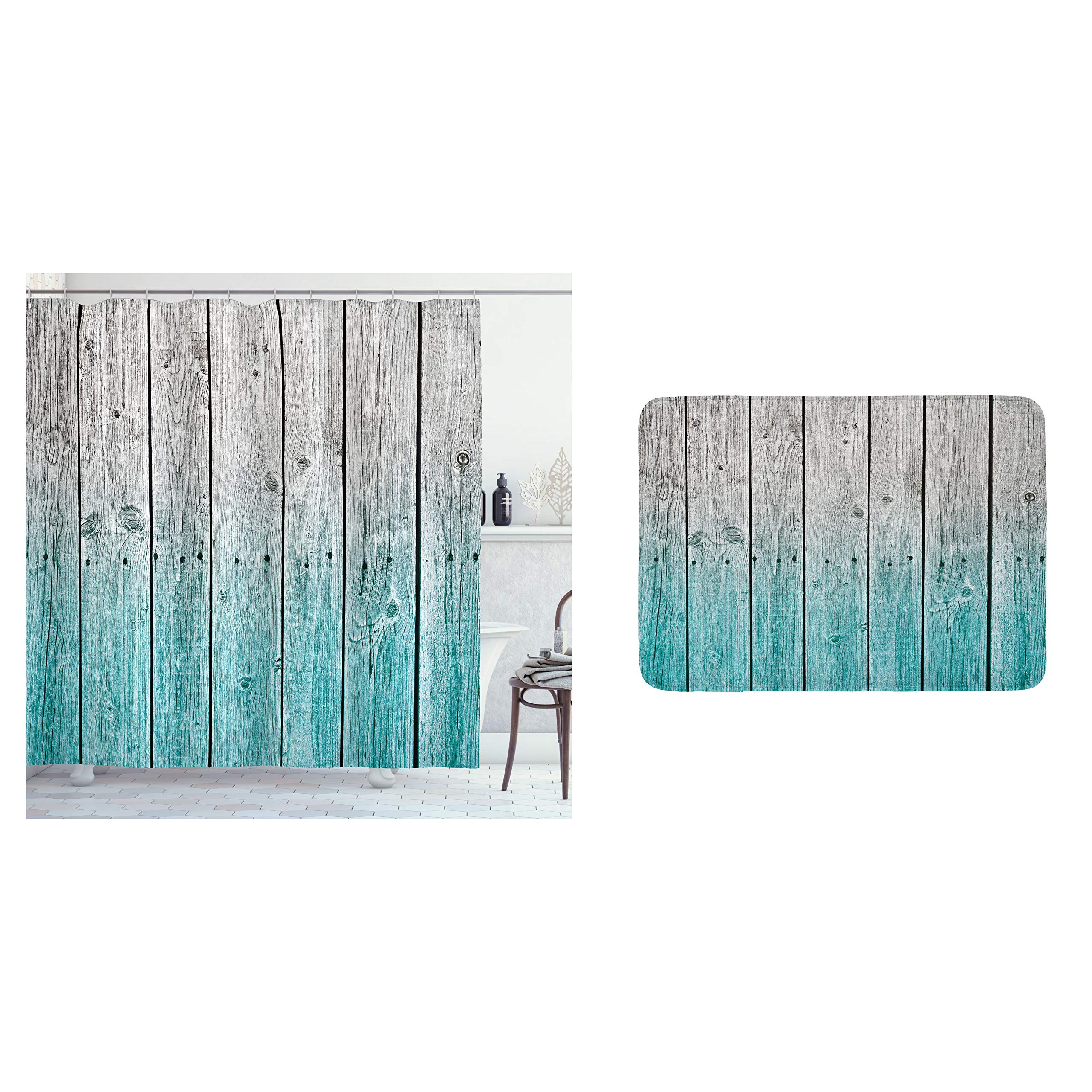 Ambesonne Rustic Shower Curtain and Bath Mat Set - Wood Panels Country House Design in Pale Blue Grey | 2-Piece Bathroom Decor for Farmhouse, Cottage & Vintage Style Homes | Waterproof & Soft Plush Mat for Cozy Bathroom Atmosphere