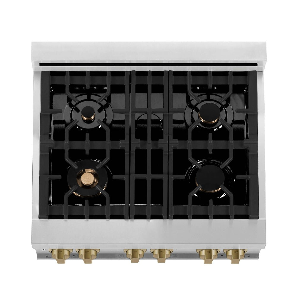 ZLINE Autograph Edition 30-inch Stainless Steel Kitchen Package - Dual Fuel Range, Range Hood, Dishwasher & Refrigerator with External Water Dispenser - Champagne Bronze Accents (4AKPR RARHDWM30 CB) | Premium Kitchen Appliances for Modern Homes & Gourmet Cooking