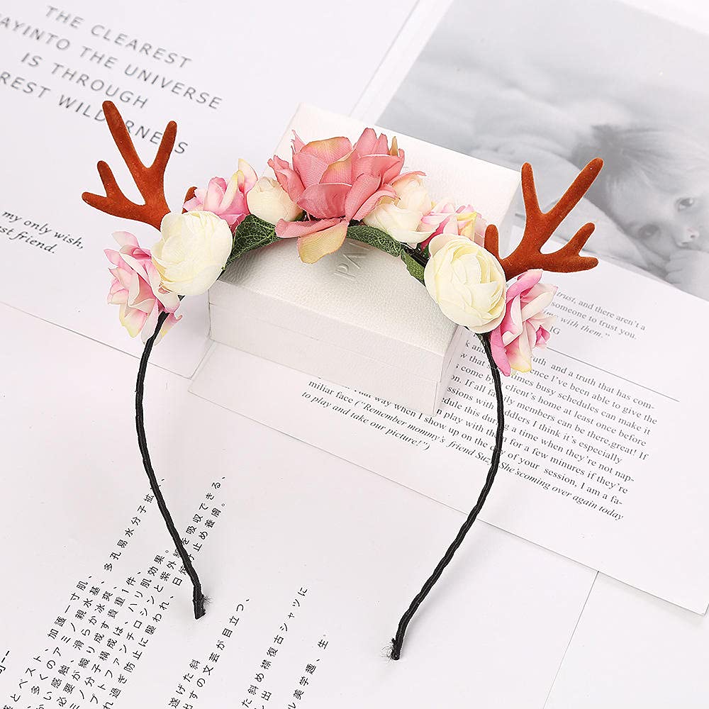Festive Christmas Headband with Floral Deer Antlers - Holiday Party Headpiece for Women & Girls - Perfect for Xmas Photos, Costumes & Festive Celebrations