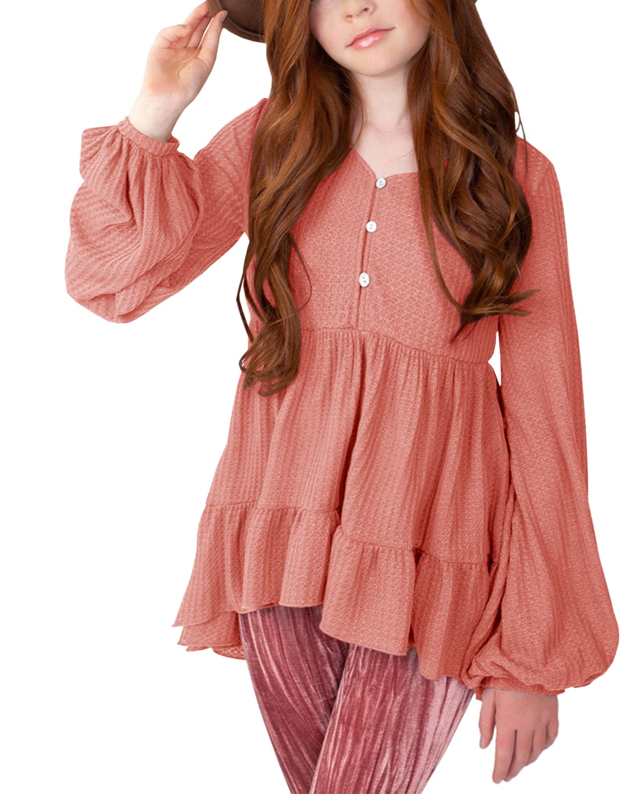 Popheartgo Girls Waffle Knit Tunic Top - Cute Babydoll Peplum Blouse with Ruffles & High-Low Hem - Loose Long Sleeve Jumper for Kids - Perfect for School, Playdates & Casual Outings