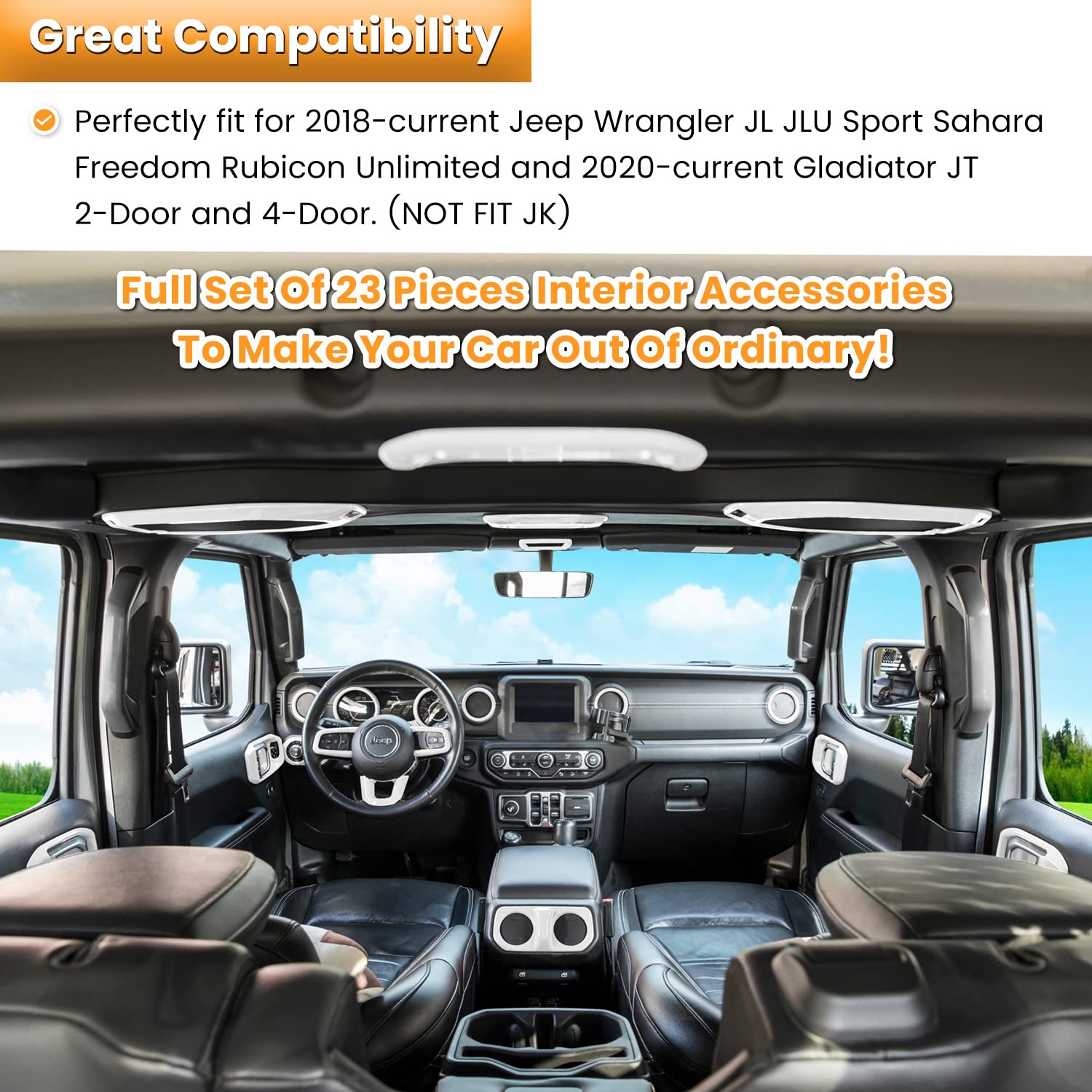 23PCS Full Interior Trim Kit for Jeep Wrangler JL JLU Gladiator JT 2018-2023 - Steering Wheel, Door Handle, AC Vent, Cup Holder, Reading Light & Headlight Gear Cover (White) | Premium Car Interior Accessories for Style & Protection