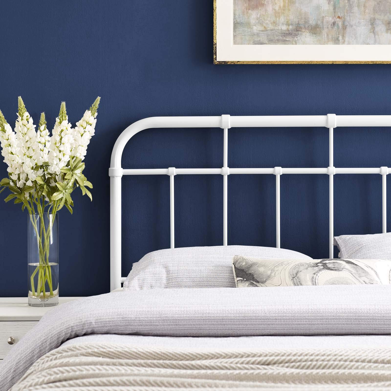 Modway Alessia Modern Farmhouse White Metal Queen Headboard - Elegant Bedroom Decor for Farmhouse & Rustic Style Homes