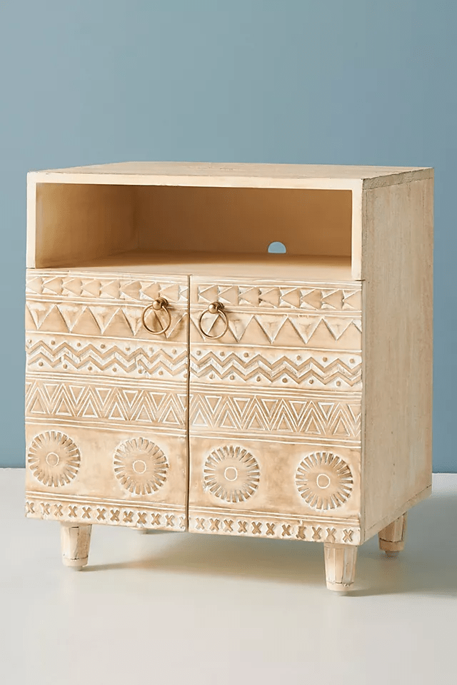 Hand Carved Antique Nightstand - Solid Wood Bedside Table | Handmade Wooden Lamp Stand from Delhi | Perfect for Bedroom Decor & Boho Home Style