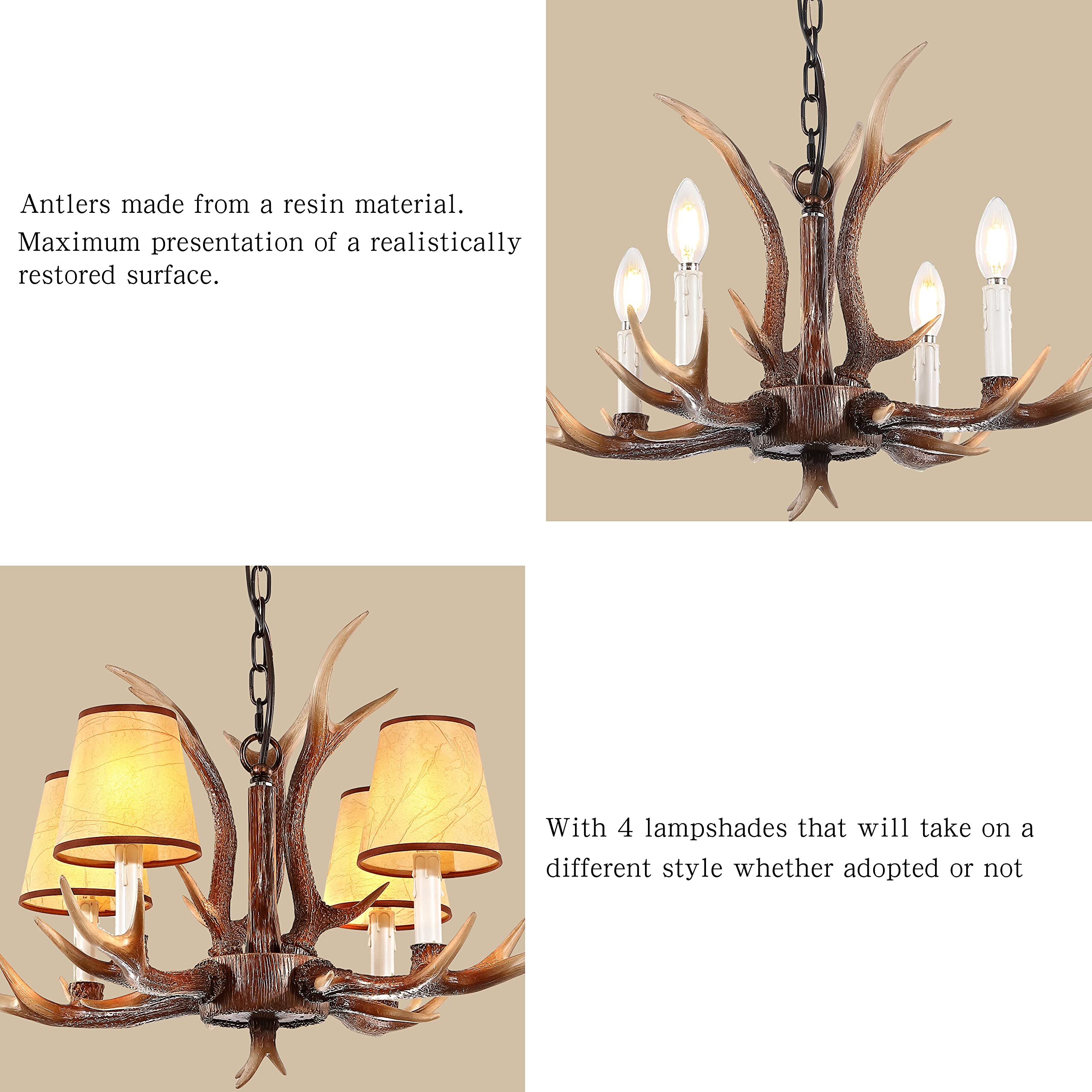 4-Light Antler Chandelier - Rustic Deer Horn Lighting Fixture with Shades for Kitchen, Dining Room, Living Room, Bedroom, Bar & Cabin Decor | Perfect for Lodge, Hunting Cabin & Western Style Homes (Brown)