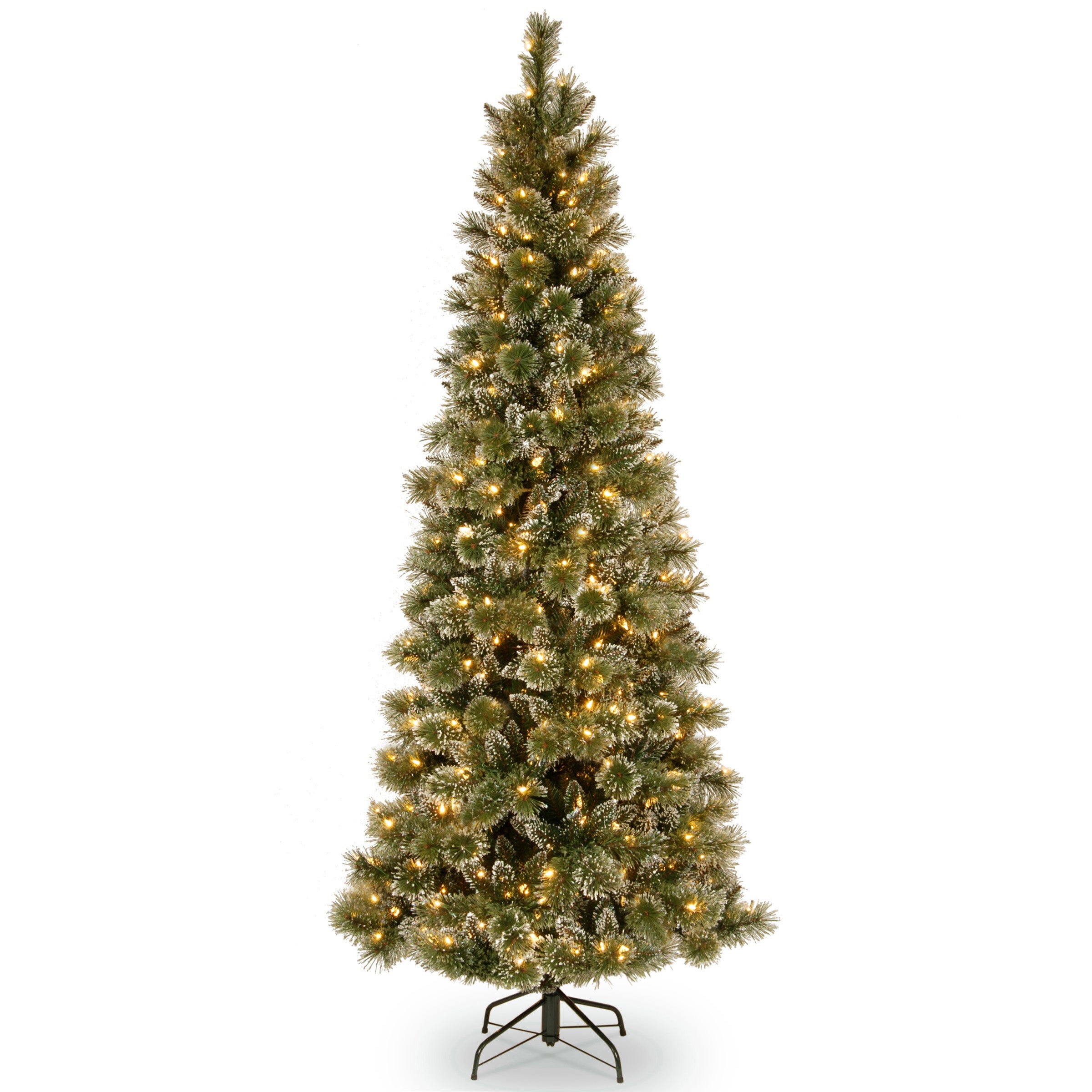 6.5 ft Pre-Lit Glittery Bristle Pine Slim Christmas Tree with 300 Warm White LED Lights - Perfect for Small Spaces, Apartments & Holiday Home Decor
