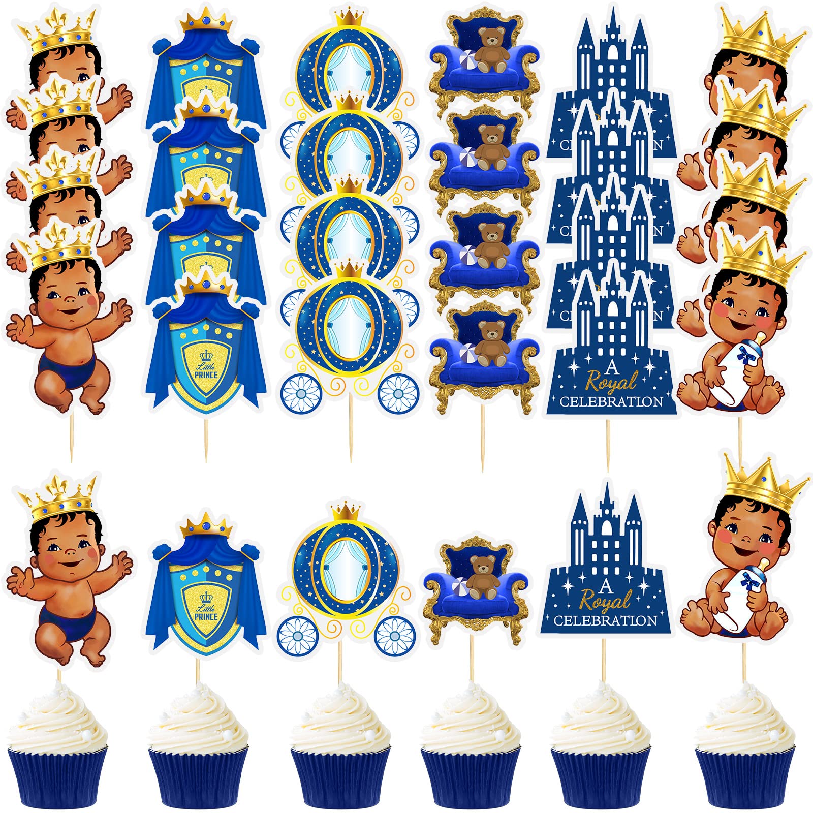 48-Piece Little Prince Cupcake Toppers - Royal Baby Shower & Birthday Party Decorations for Boys, African American Prince Theme - Perfect for Black Boys' Baby Showers, Birthdays & Cake Decorating