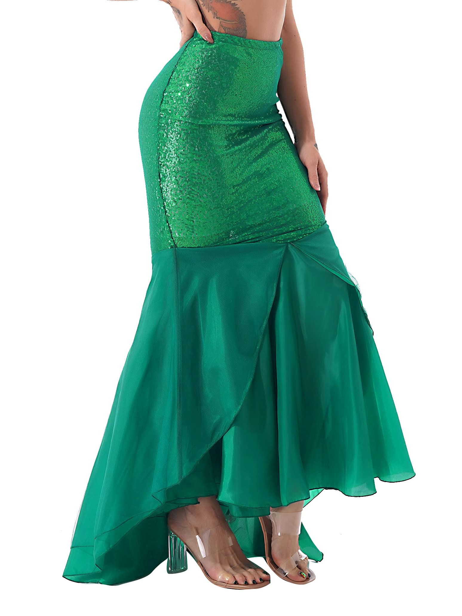Women's Green Mermaid Tail Halloween Costume - Sequin Princess Maxi Skirt with Asymmetric Hemline for Cosplay, Party & Dress Up | Perfect for Halloween, Themed Parties & Costume Events