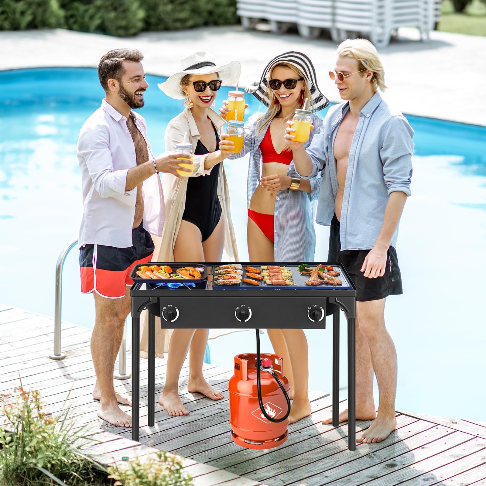 Outvita 3 Burner Propane Gas Stove - 225,000 BTU Outdoor Camping Cooker with Detachable Legs Stand - Perfect for Backyard BBQ, Turkey Frying, Picnics & Tailgating - Portable Stove for Camping, RV Trips & Outdoor Adventures