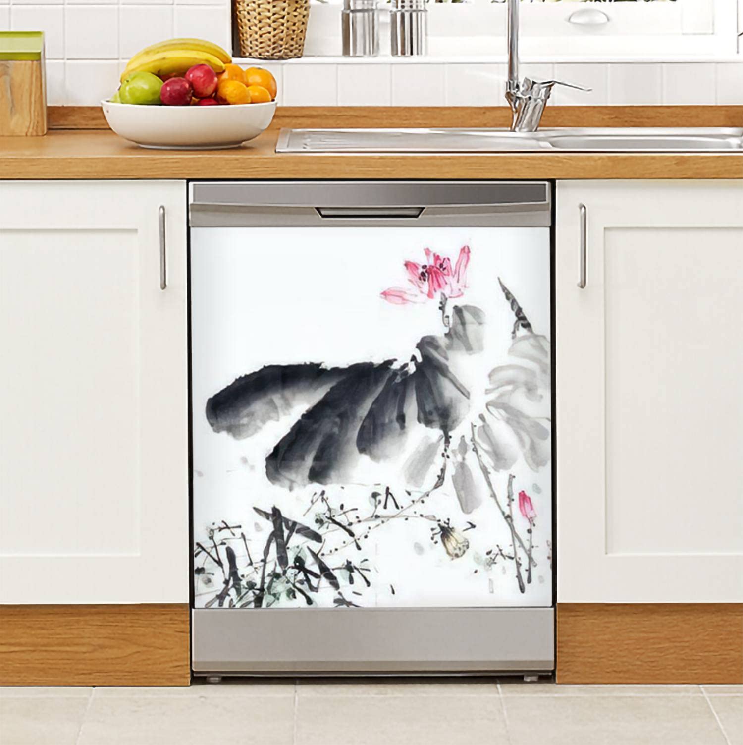 Traditional Abstract Lotus Chinese Painting Dishwasher Magnet Cover - 23x26in Magnetic Refrigerator Sticker, Decorative Appliance Cover for Fridge, Metal Door & Garage - Perfect for Kitchen Decor, Home Organization & Asian-Inspired Interior Design