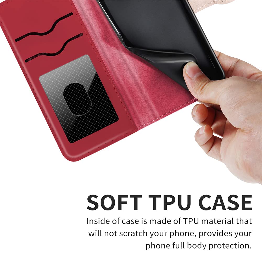 Premium Leather Wallet Case for iPhone SE 2020/8/7 - Magnetic Card Holder with Kickstand & Wrist Strap | Shockproof Flip Cover for Everyday Protection (Life Tree Red) | Perfect for Work, Travel & Outdoor Activities
