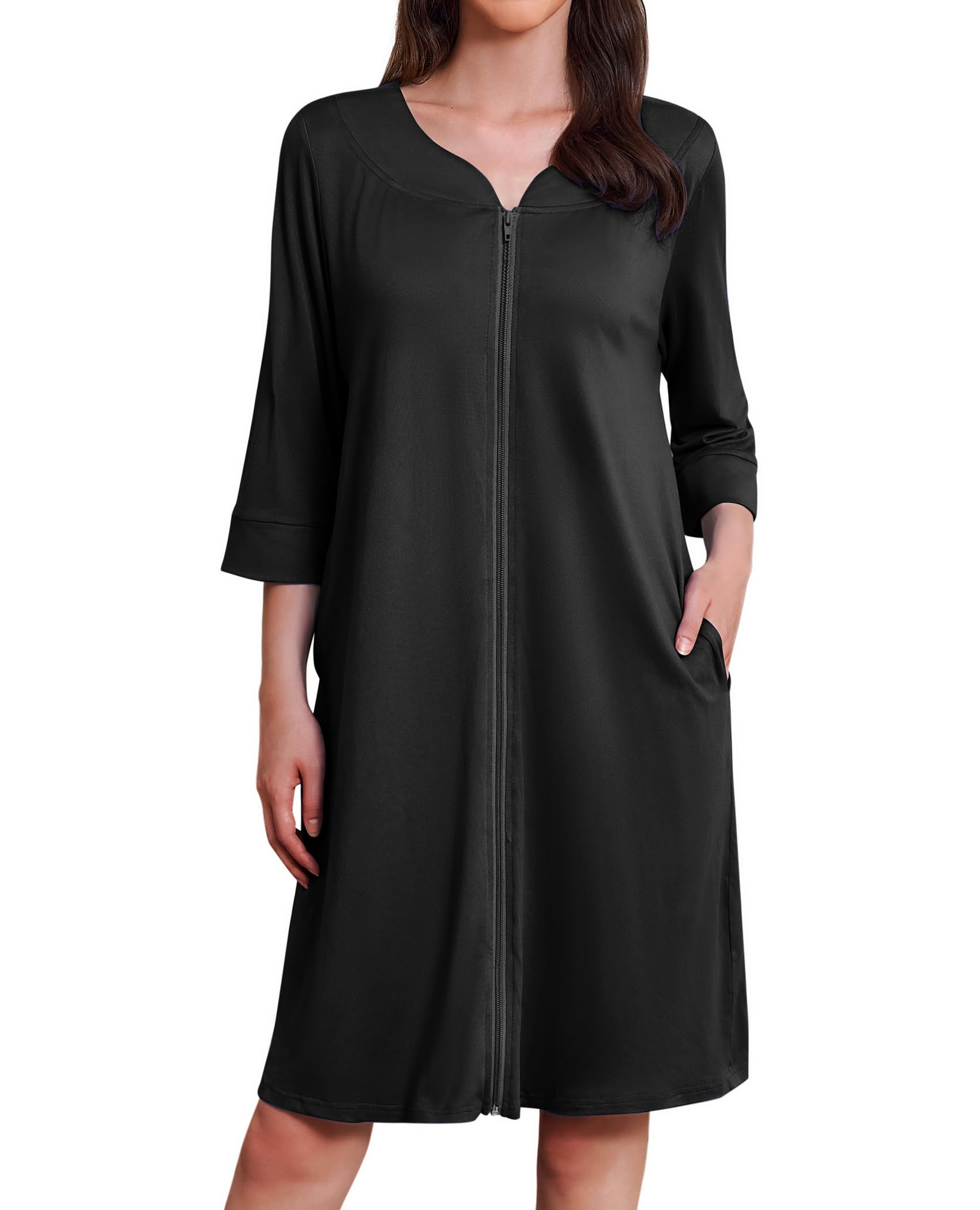 Ekouaer Women's 3/4 Sleeve Zip Up Robe - Soft Housecoat Nightgown Sleepwear with Pockets, Sizes S-3XL - Perfect for Lounging at Home, Spa Days & Maternity Comfort