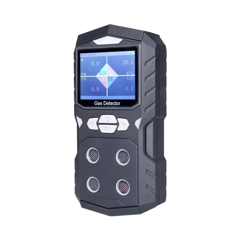Professional 4-in-1 Portable Gas Detector - O2, H2S, CO & Explosive Gas Monitor with 2500mAh Battery & Color Display | Industrial Safety, Confined Space & Home Air Quality Testing (Black)