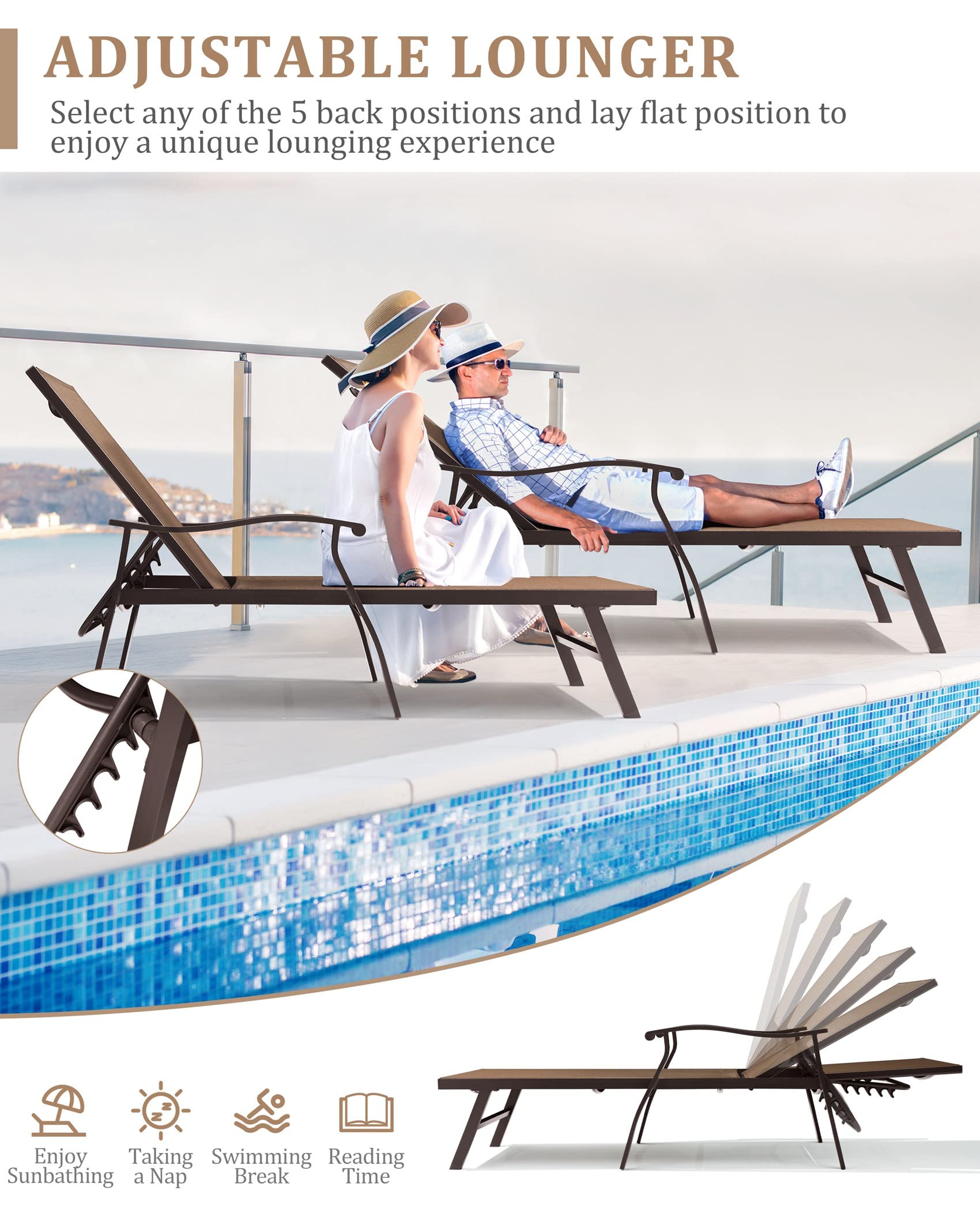 2PCS Outdoor Chaise Lounge Chairs Set - 5-Position Adjustable Backrest, Ergonomic Armrests, All-Weather Textiline Fabric & Aluminum Frame - Perfect for Patio, Beach, Poolside, Backyard Relaxation (Brown)