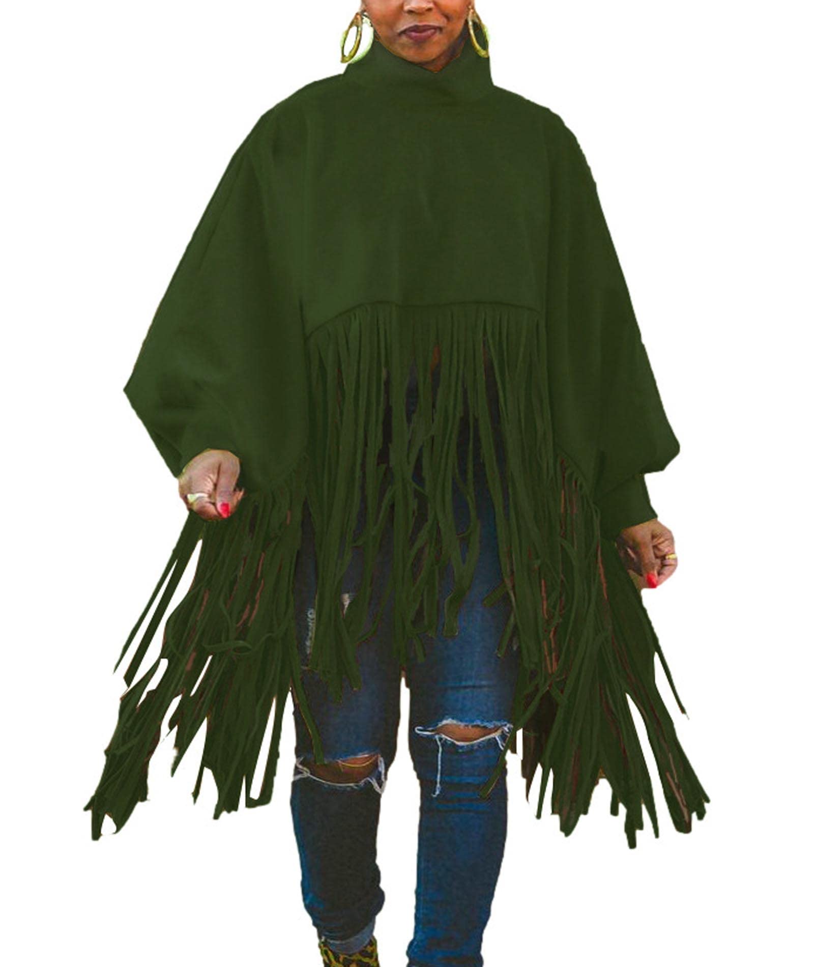 Women's Plus Size Turtleneck Fringe Sweatshirt - Batwing Sleeve Oversized Poncho Top with Tassels | Casual Winter Wear, Boho Chic Outfit for Fall & Holiday Season