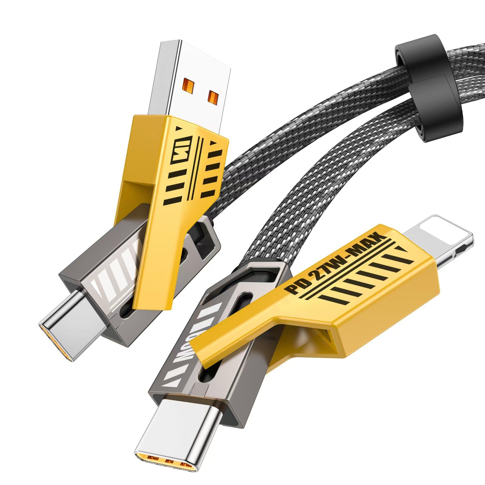 65W 4-in-1 USB C Charging Cable with Lightning Connector - 4FT Flat Braided Fast Charger Cord for iPhone, iPad, Samsung & More - Perfect for Home, Office & Travel Charging Needs