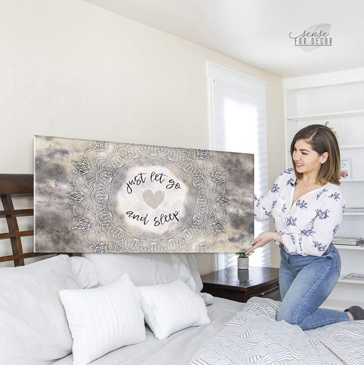 Boho Mandala Wall Art Canvas - Cream 60x27 for Bedroom Decor