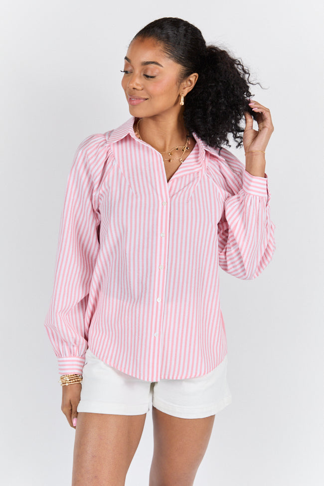Trendy Pink Striped Button Down Shirt for Women - Stylish Casual & Office Wear - Perfect for Spring & Summer Outfits