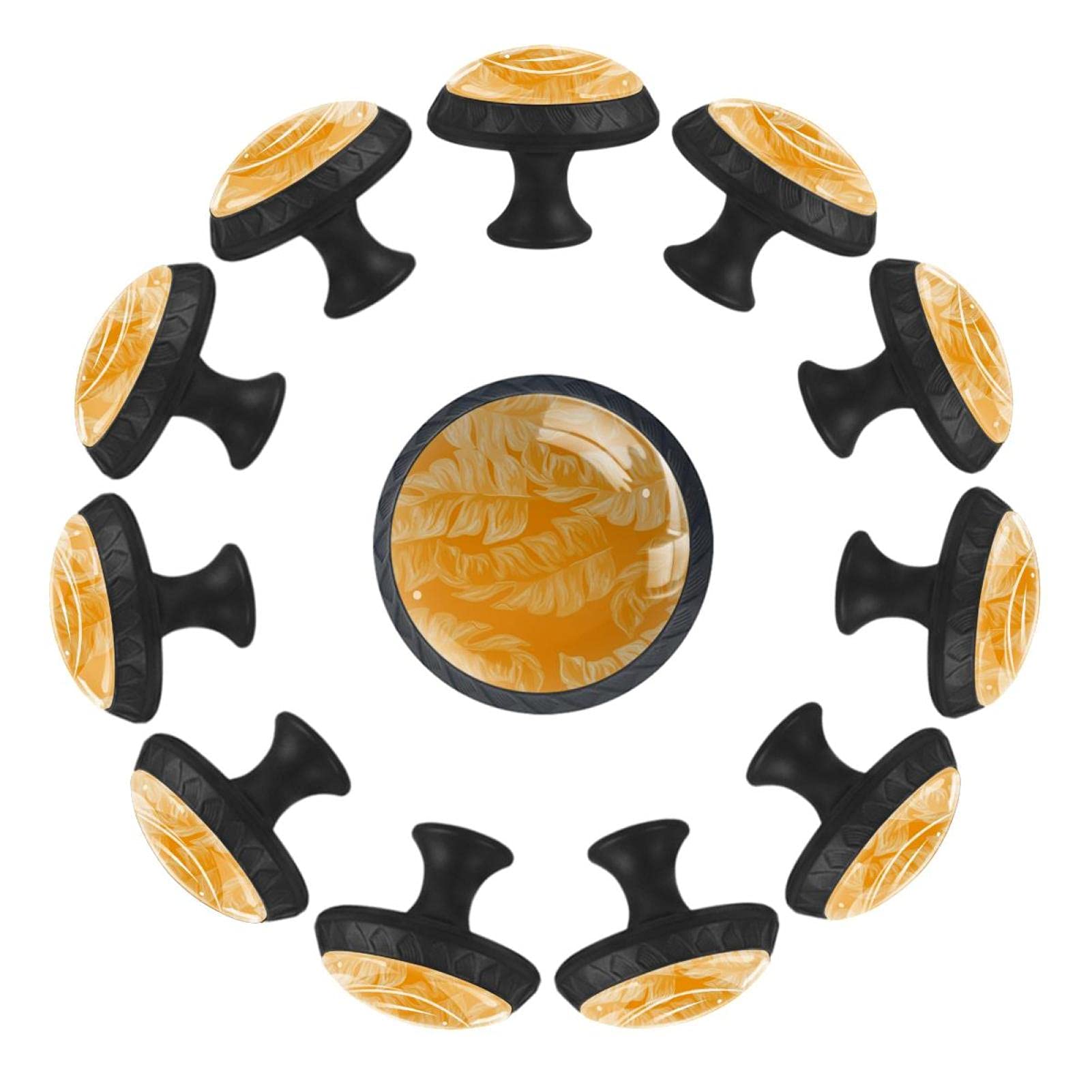 AISSO 12Pcs Yellow Crystal Glass Round Drawer Knobs with Palm Leaf Design - 35mm Ergonomic Pull Handles for Kitchen Cabinets, Dressers, Wardrobes & Furniture Hardware - Perfect for Home Decor & DIY Projects