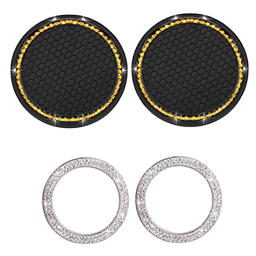 4-Piece Rhinestone Car Accessories Set - Diamond Cup Holder Coasters, Bling Ring Emblem Stickers & Engine Start Button Decor | Universal Fit for Most Vehicles | Perfect for Car Interior Upgrade & Gift Giving