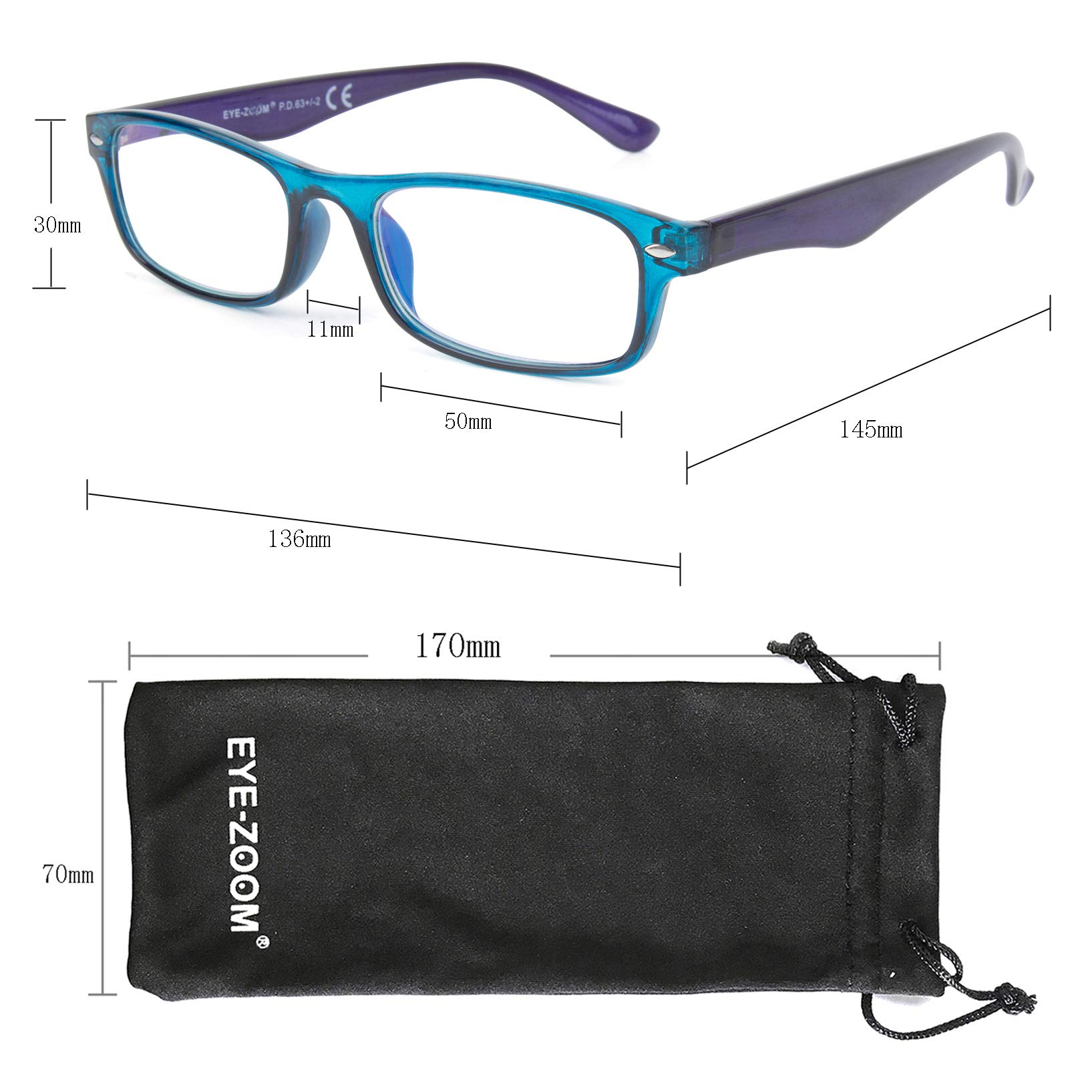 3 Pack Blue Light Blocking Glasses - Anti UV Reading Glasses with Rectangular Plastic Frame for Computer, Gaming & Office Use