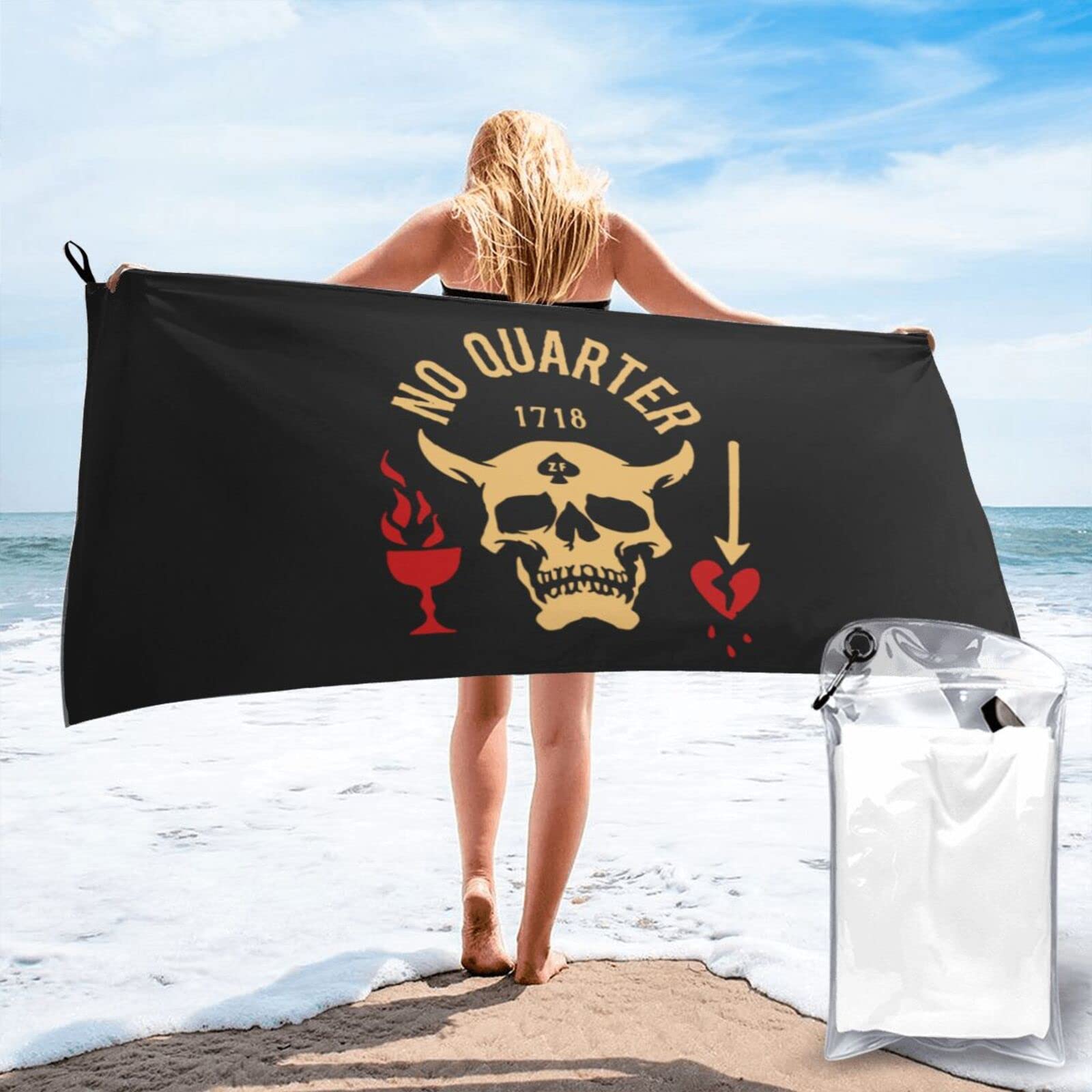 Blackbeard No Quarter 1718 Pirate Skull Beach Towel - Lightweight, Quick Dry & Absorbent Bath Towel for Swimming, Camping & Summer Outdoor Activities