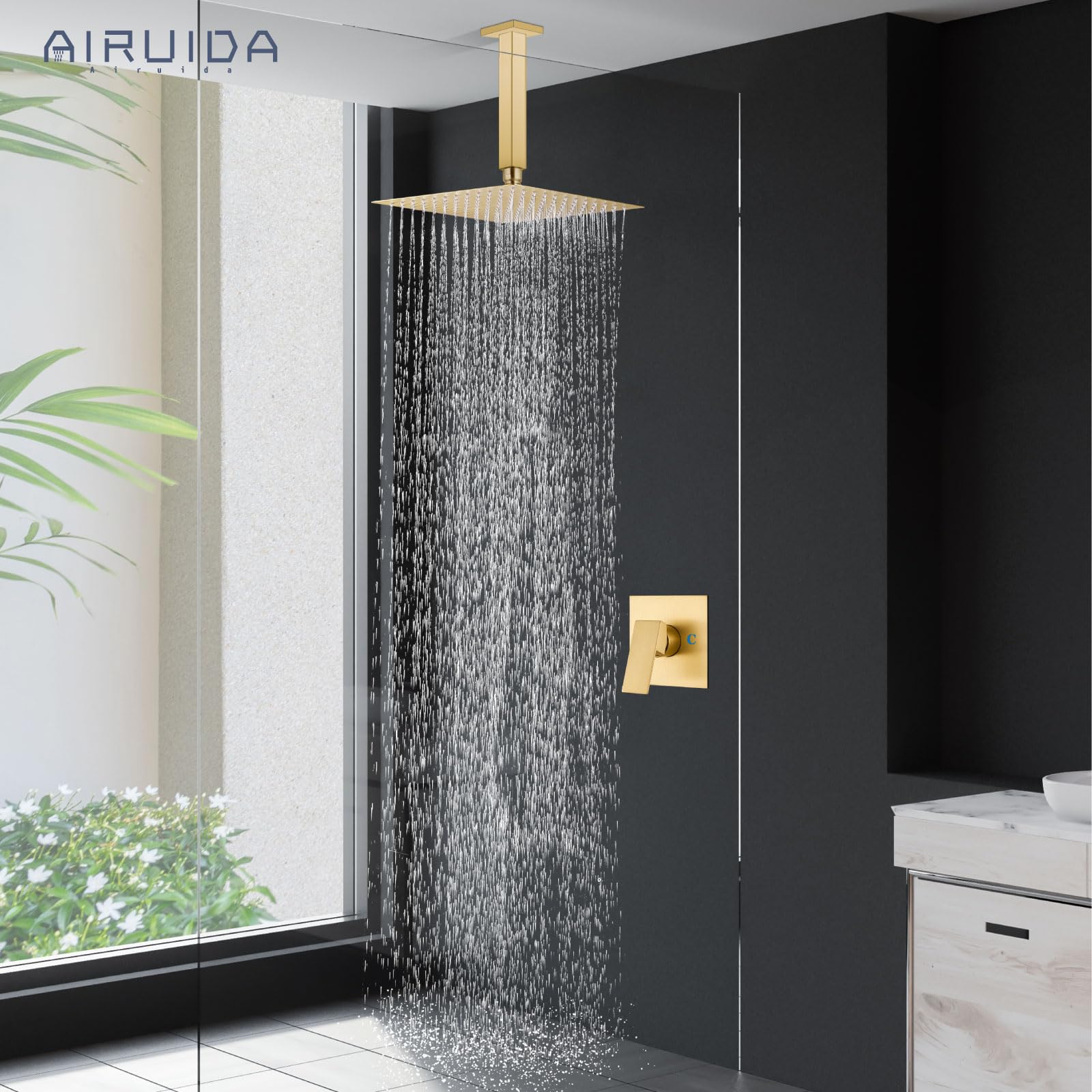 Airuida Brushed Gold Ceiling Mount Rainfall Shower System - 10 Inch Square Shower Head with Single Function Trim Kit, Male Threads & Rough-in Valve | Perfect for Modern Bathroom Renovations & Spa-Like Shower Experience