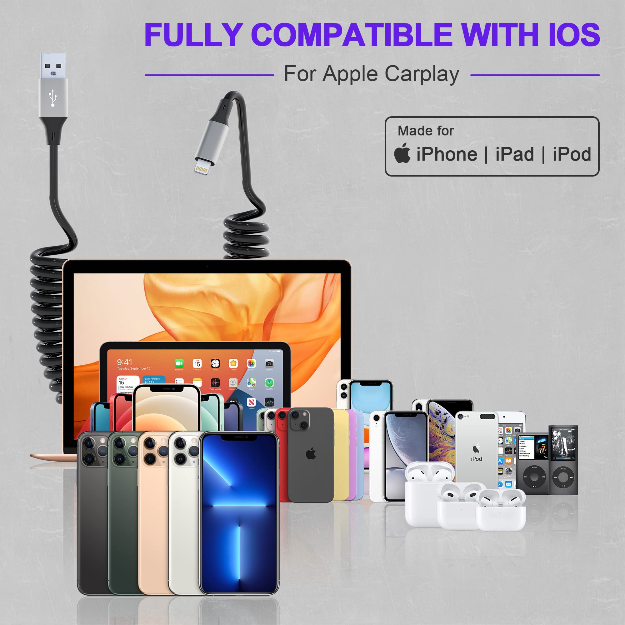 Apple MFi Certified Coiled Lightning Cable - Retractable iPhone Charger with Fast Charging & Data Sync, Short iPhone Charging Cord Compatible with iPhone/iPad/iPod (Perfect for Carplay, Home & Office Use)