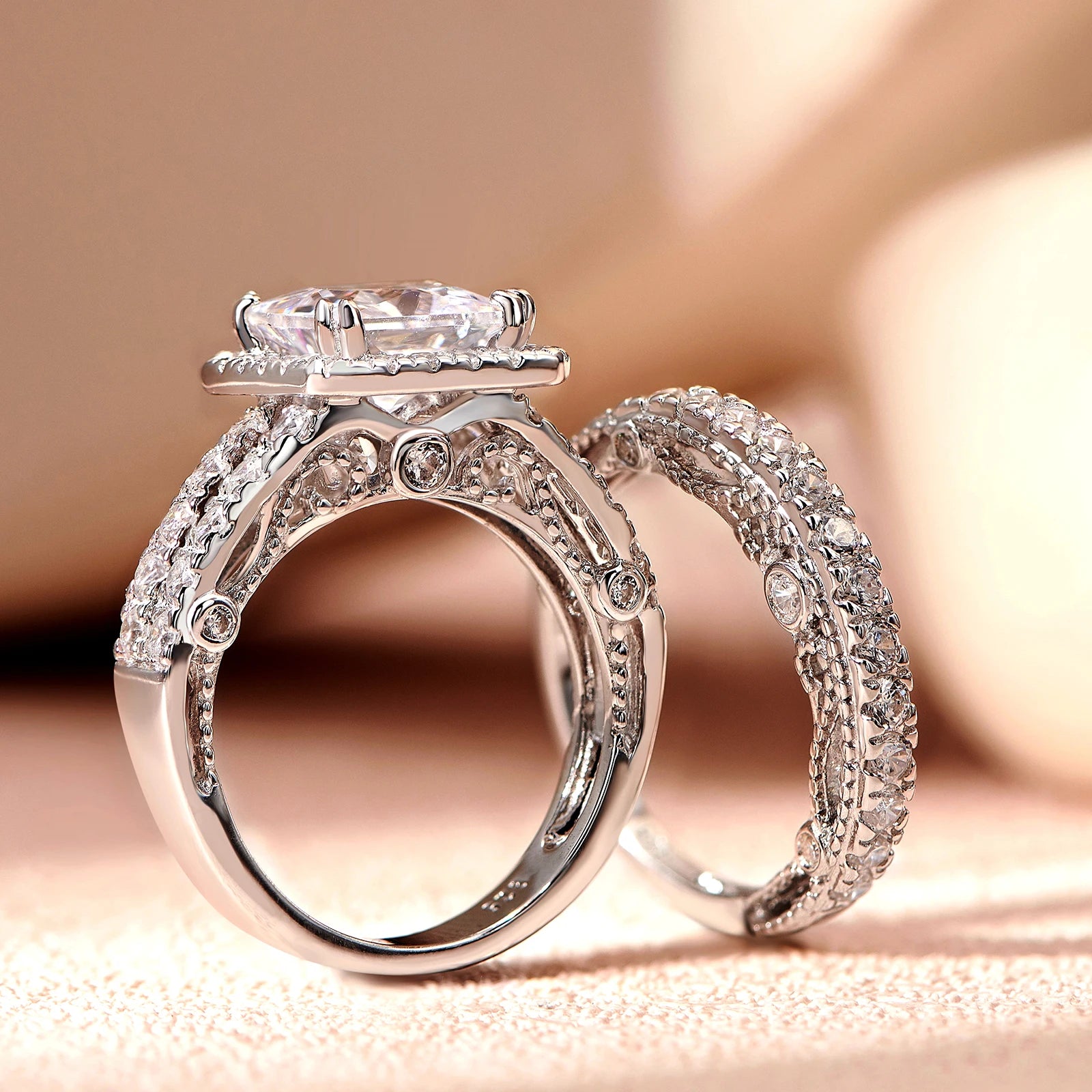 Vintage Wedding Rings for Women - 925 Sterling Silver Bridal Set with 4Ct Princess Cut 5A Cubic Zirconia - Elegant Fine Jewelry for Engagement, Anniversary & Special Occasions
