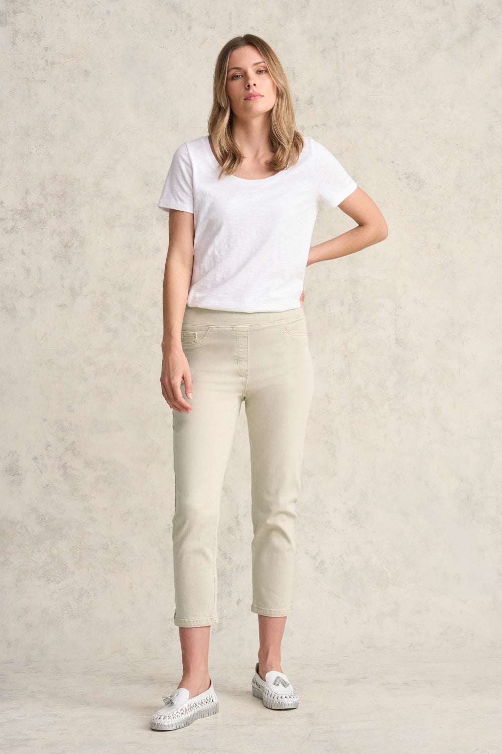 Bengajean® Women's 3/4 Length Slim Leg Pants in Taupe - Comfortable Stretch Denim for Work, Travel & Casual Wear