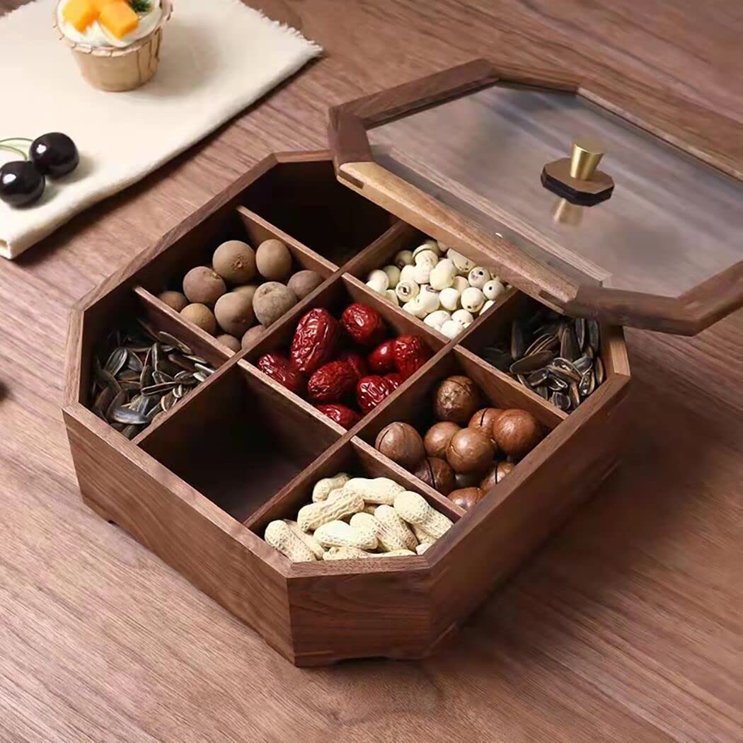9-Compartment Snack Storage Box - Solid Black Walnut Wood Collectible Case with Glass Lid for Candy, Nuts, and Treats | Perfect for Home, Office, and Party Serving Tray