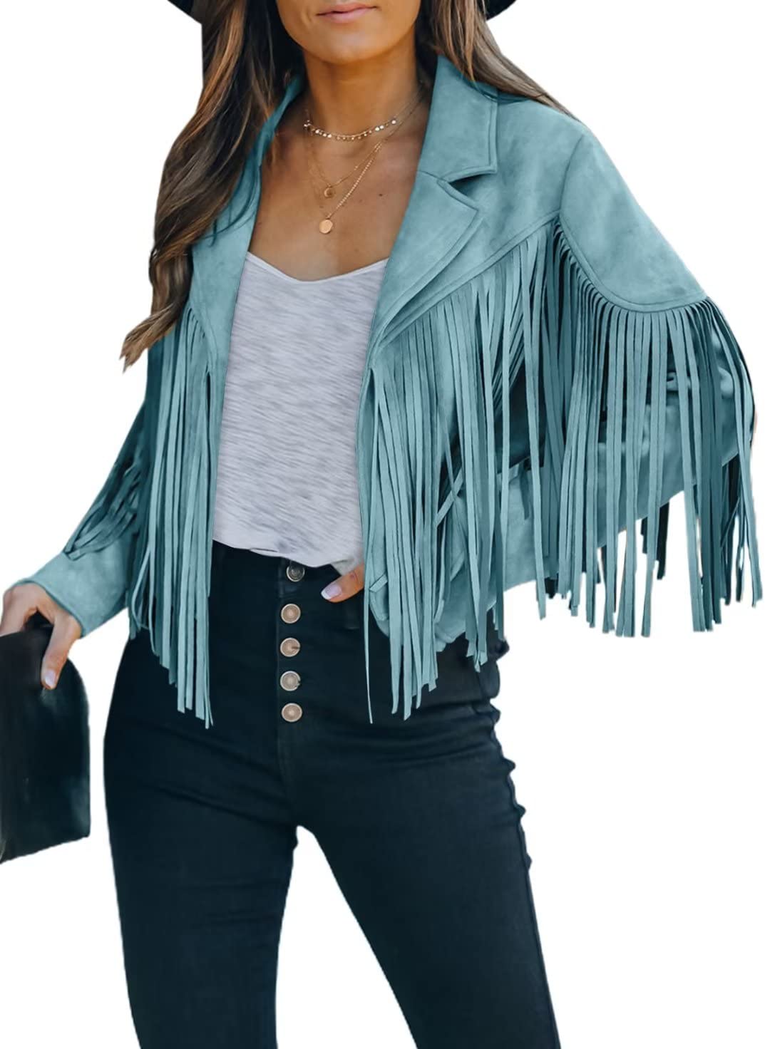 FARYSAYS Women's Cropped Fringe Faux Suede Leather Motorcycle Jacket - Stylish Biker Jacket for Casual Outings and Night Events