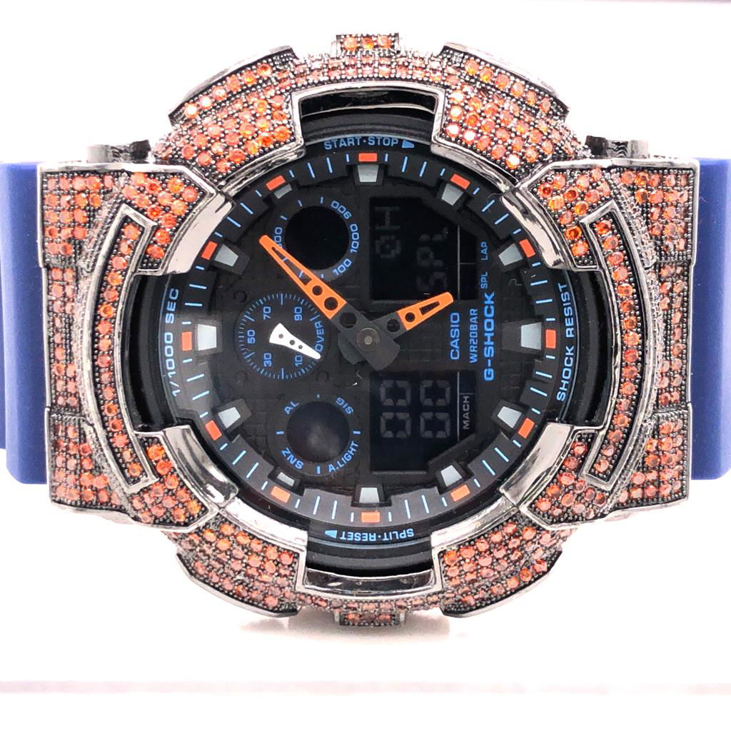 G Shock Blue & Orange Iced Out Bezel Analog Digital Watch - Stylish Durable Sports Watch for Men, Perfect for Outdoor Activities, Workouts & Everyday Wear