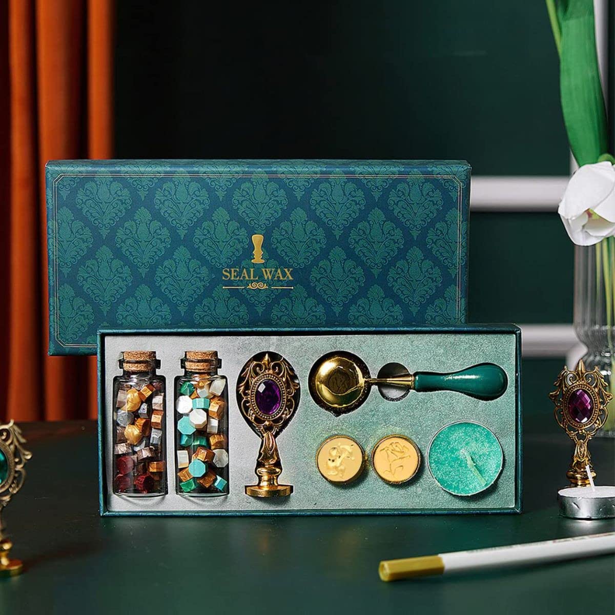 HEEPI Wax Seal Stamp Kit with Sealing Wax Beads, Candles, Melting Spoon & Wooden Handle - Romantic Love Design for DIY Crafts, Wedding Invitations, Gift Wrapping & Calligraphy Projects