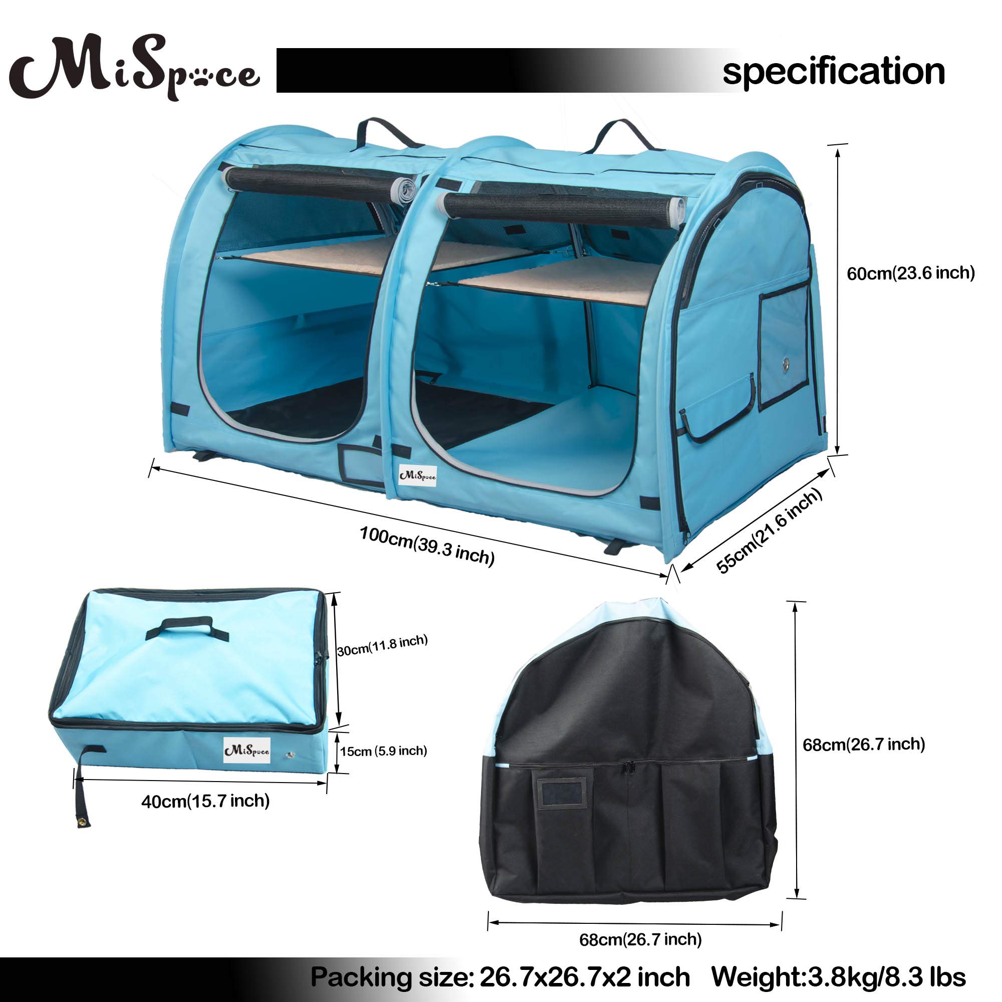 Mispace Portable Twin Compartment Cat Cage & Dog Kennel - Foldable Pet Carrier with Carry Bag, 2 Hammocks, Mats & Litter Box - Ideal for Travel, Home & Vet Visits - Comfortable Puppy Crate for Small Dogs & Cats