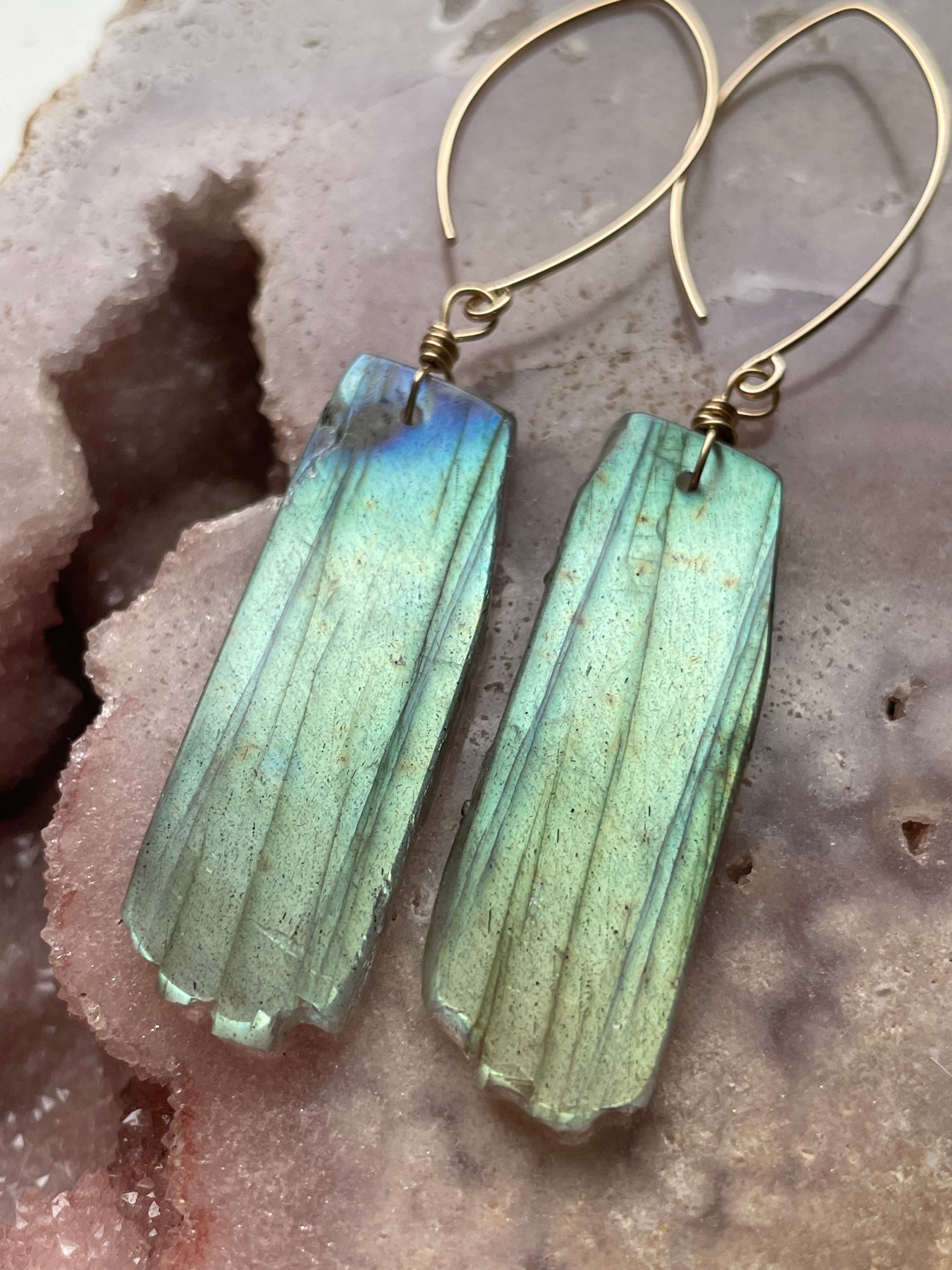 Gold Labradorite Dangle Drop Crystal Earrings for Women - Elegant Gemstone Jewelry for Party, Wedding & Evening Wear
