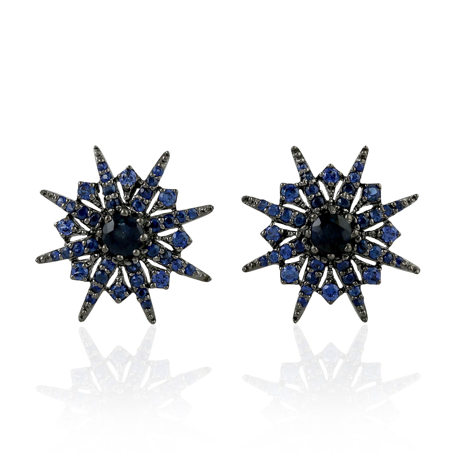 Blue Sapphire Star Burst Stud Earrings - 18k Oxidized Gold Jewelry for Women | Elegant Gift for Birthday, Anniversary & Special Occasions | Perfect for Parties, Weddings & Evening Events