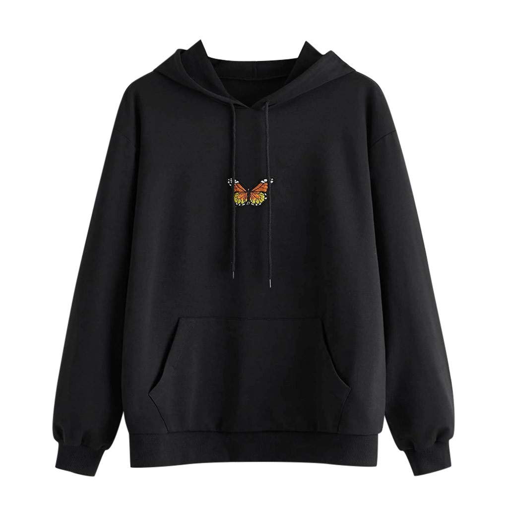 Lozeny Women's Butterfly Embroidered Pullover Hoodie - Casual Long Sleeve Hooded Sweatshirt with Pocket - Cozy Fall Winter Sweater for Daily Wear & Outdoor Activities