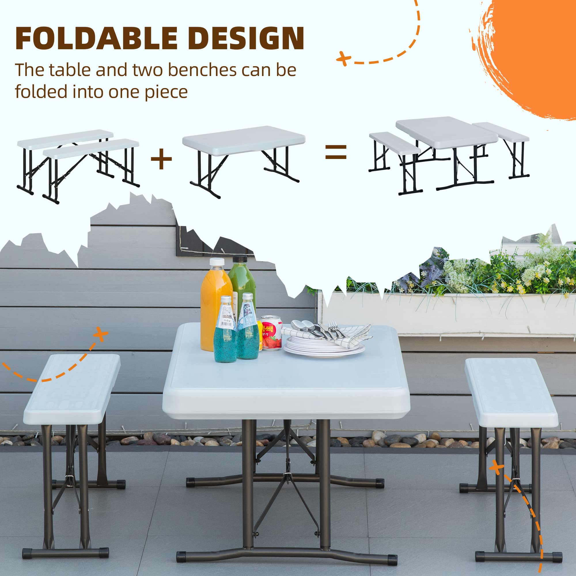 Outsunny 40 Inch Folding Picnic Table Set with 2 Benches - 3 Piece Outdoor Biergarten Style Foldable Beer Garden Table, Lightweight Durable Plastic, White - Perfect for Backyard BBQs, Patio Parties & Camping