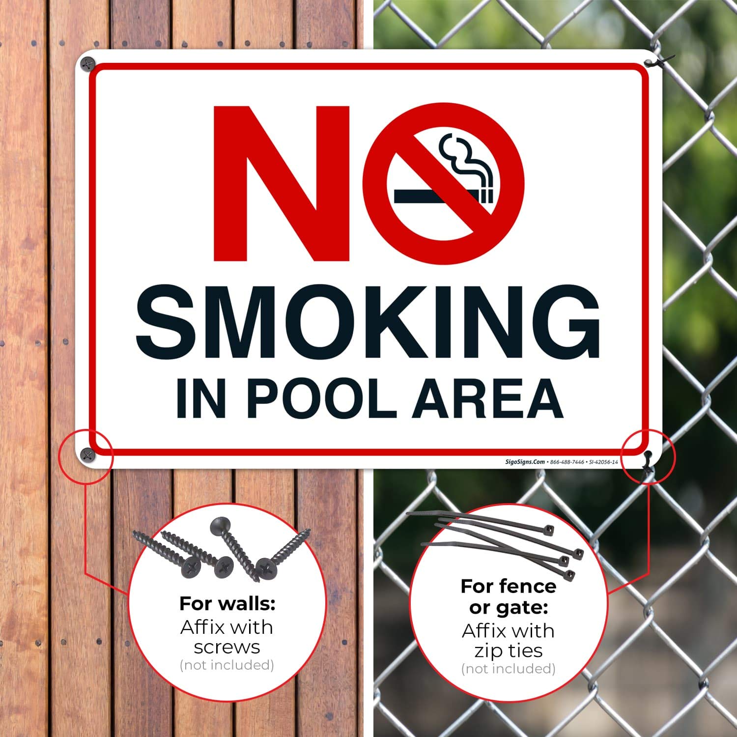 No Smoking in Pool Area Sign - 10x14 Inches Rust-Free .040 Aluminum, Fade Resistant - Made in USA - Perfect for Swimming Pools, Hot Tubs & Public Aquatic Facilities