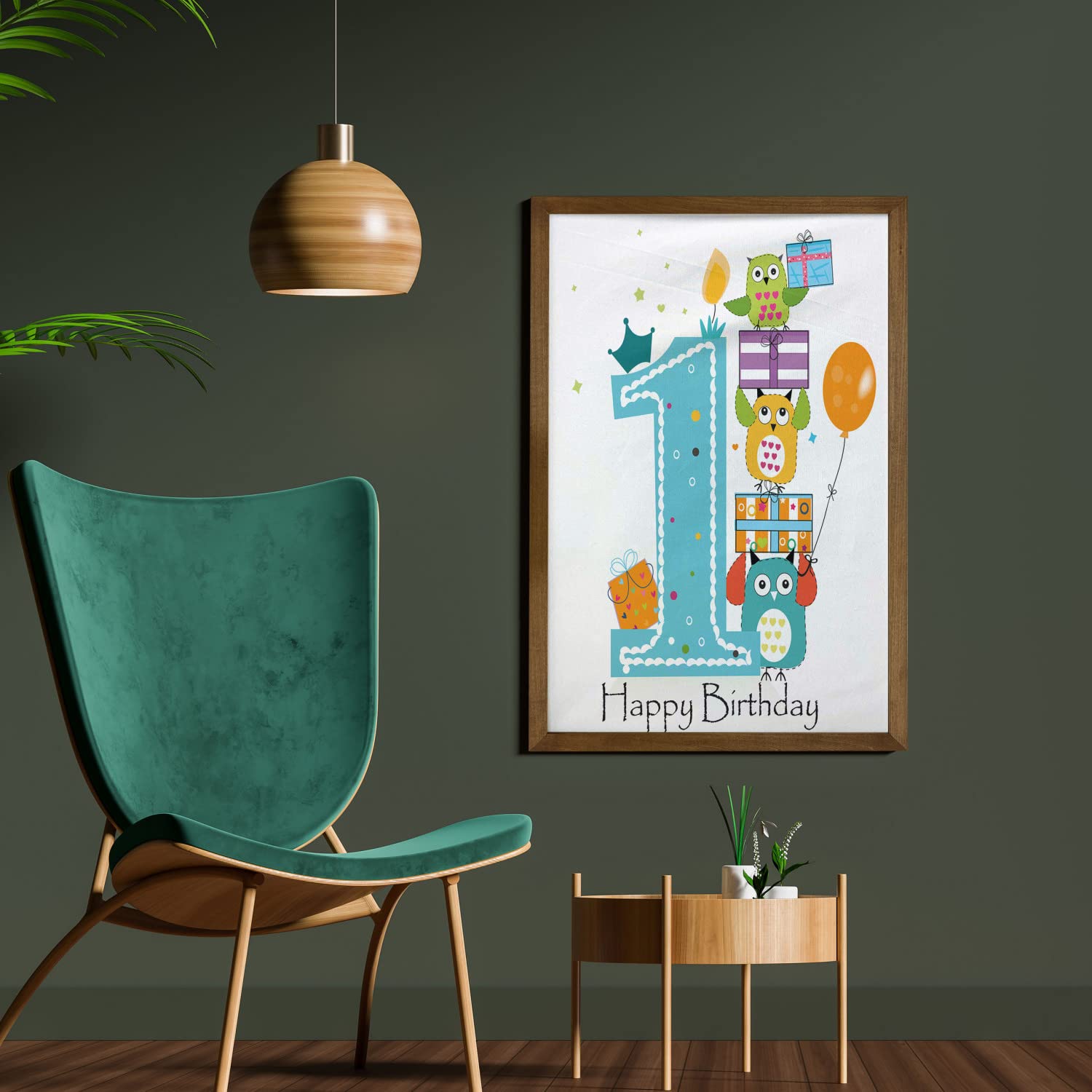 Ambesonne 1st Birthday Framed Wall Art - First Cake with Candle Owls Family Party Theme Print - Fabric Decor with Teak Wood Frame - 23