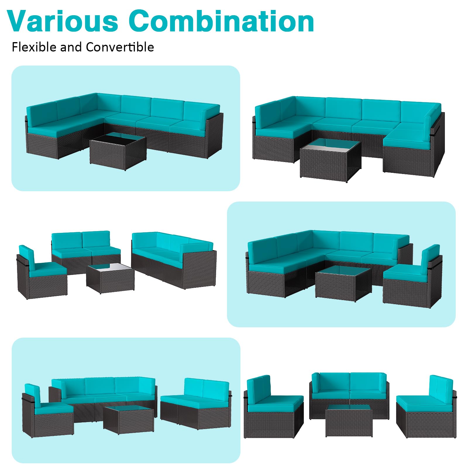 **Kinfant 7-Piece Outdoor Patio Furniture Set - Rattan Sectional Sofa with Coffee Table & Washable Cushions - Blue Wicker Conversation Set for Porch, Poolside, Backyard & Garden Relaxation**