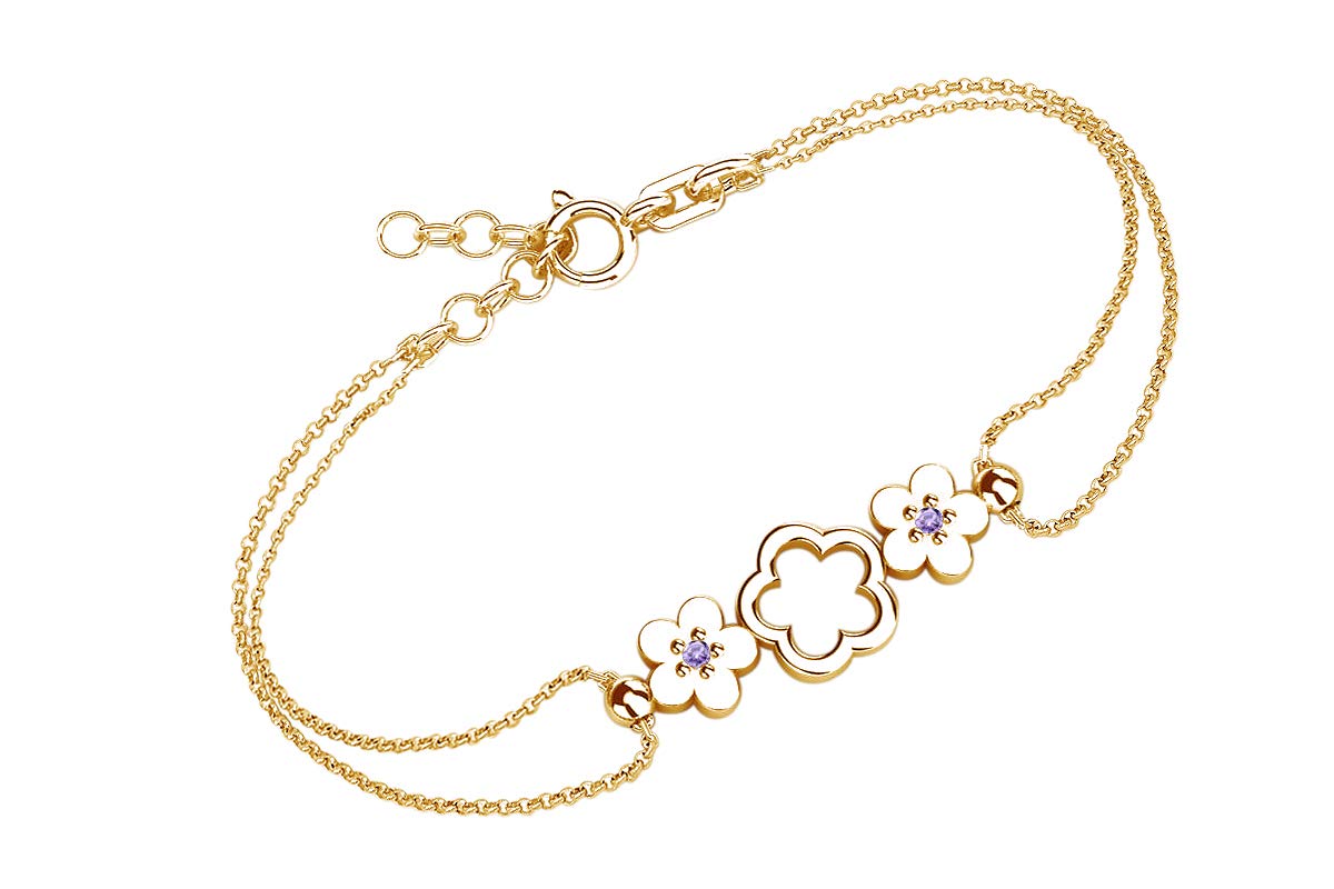 14K Yellow Gold Over Sterling Silver AFFY Simulated Gemstone Three Flower Link Chain Bracelet for Women - Elegant Gift for Birthday, Anniversary & Special Occasions