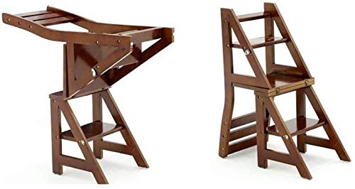 Solid Wood Folding Step Stool with Backrest - 4-Step Space Saving Ladder Stool for Home, Kitchen, Bathroom & Closet Organization - Multi-Functional Brown Step Stool for Adults & Kids